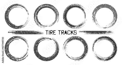 Grunge circle tire tracks, wheel braking marks. Truck, car or motorcycle tread pattern silhouettes. Auto race, motorsport, speed racing design element. Vector illustration