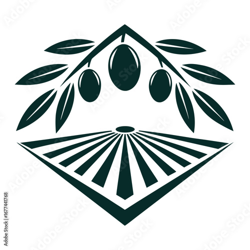 Dark green olive branch with fruit and stylized field pattern leaf
