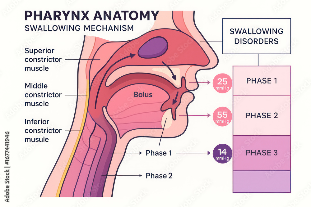 Obraz premium Pharynx Anatomy Illustration: Swallowing Mechanism and Disorders, phases and muscles, for educational medical use [Illustration]