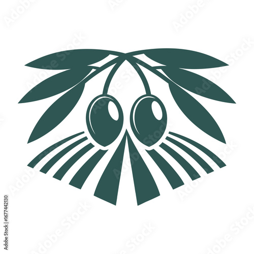 Two dark green olives on branches with leaves above stylized green rows fruit