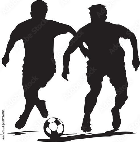 A player staying close to an opponent, shadowing their every move to prevent the pass, full-length silhouette vector.