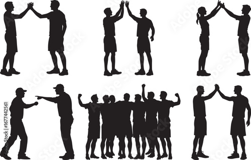 Players exchanging high-fives in mid-celebration after a successful play, full-length silhouette vector.