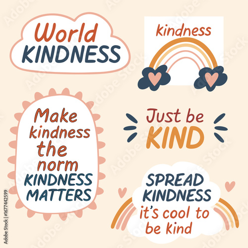 Collection of eight stylized die cut stickers with positive messages about kindness and rainbows vector