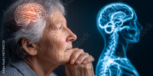 Elderly woman with glowing brain, representing cognitive health, memory, and neurological processes. Visualizing the aging mind's well-being and mental function in later life