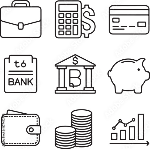 Business & Finance Outline Icon Set with Briefcase, Calculator, Dollar Sign, Credit Card, Bank, Piggy Bank, Wallet, Contract, Coins, and Bar Chart