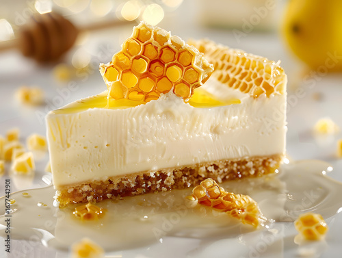 Decadent Honeycomb Cheesecake Slice with Creamy Topping and Honey Drip on Plate - Gourmet Dessert