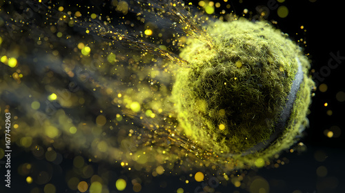 High-Speed Tennis Ball with Golden Trail on Black Background
