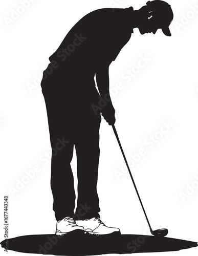 A golfer intensely focused, preparing for the decisive putt that could clinch the tournament, full-body black silhouette vector.