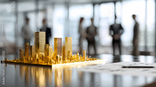 Visionary gold city model on a boardroom table, symbolizing urban development, strategic investment, and future business opportunities discussed by a team of professionals