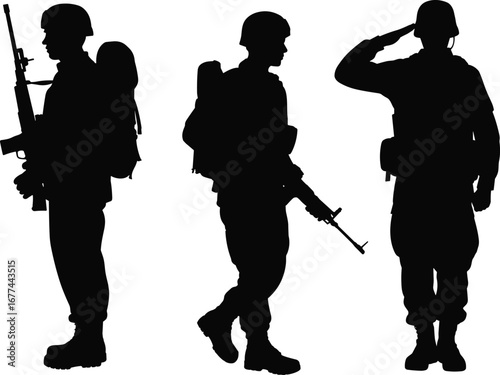 Silhouette vector illustration of three armed soldiers in uniform standing, walking, and saluting isolated on white background for military design.
