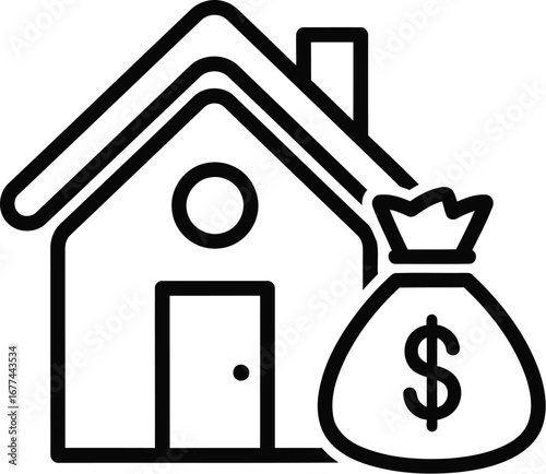 Vector art of line art illustration of a house with a money bag, representing real estate investment