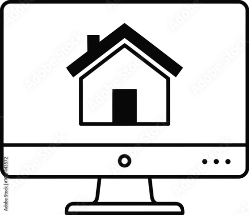 Vector art of online house search on computer screen, offering real estate