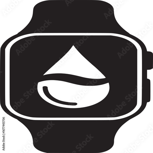A black smartwatch displaying a white water drop icon on its screen against a white background