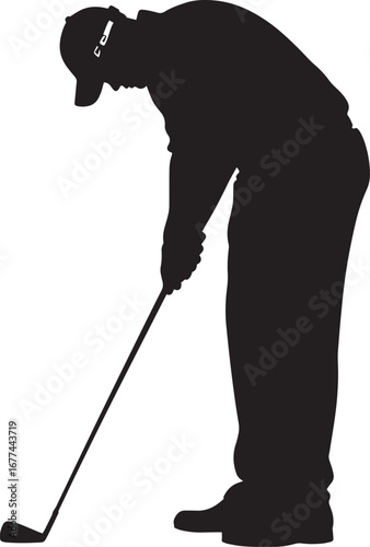 A golfer practicing their putting stroke, aiming carefully at the hole.