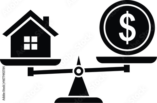 Vector art of balance scale showing house and money, representing real estate value