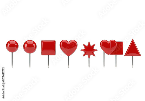 Red Push Pins Set with Geometric Shapes on Transparent Background Rendering