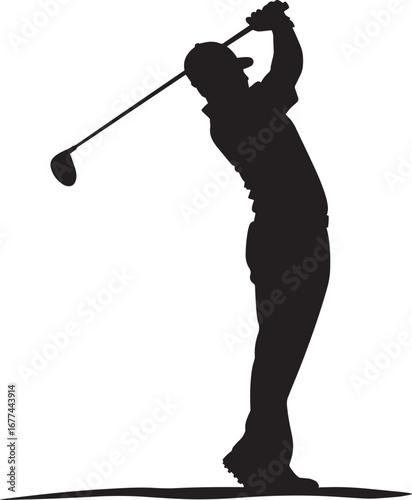 A golfer getting ready to drive the ball, club raised high behind them.