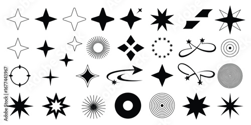 Y2K Element Vector Illustration Set – Trendy Retro Icons Including Arrows, Stars, Flames, Checkered Flags, Planets, Comets, Cursors, Peace Signs, Banners, Shooting Stars, and UFOs – 90s and 2000s Styl