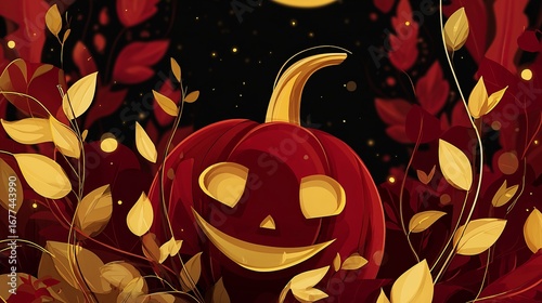 Halloween pumpkin lantern with golden leaves on a dark autumn background
