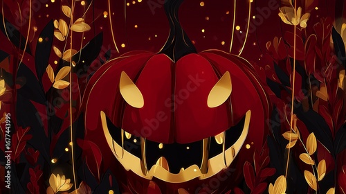 Halloween pumpkin lantern with golden leaves on a dark autumn background