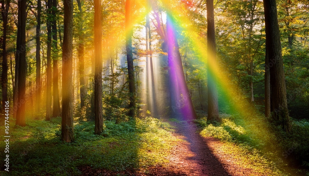 Fototapeta premium golden sunlight with rainbow beams in forest