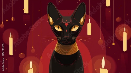 Stylized illustration of a black cat with golden eyes and jewelry, surrounded by floating candles on a dark red background. Perfect for Halloween, mysticism, or fantasy themes.
