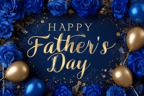 Elegant Happy Father's Day card design with golden script, deep blue roses, and festive balloons on a rich dark background, perfect for celebrating dads
