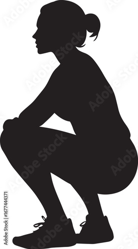 Squats Silhouette A person in a deep squat, thighs parallel to the ground with arms extended forward or bent. full length silhouette black vector illustration