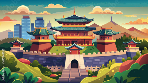 The Hwaseong Fortress in Suwon, South Korea stands proudly with its massive stone walls, elegant gates, and sweeping city views, embodying military innovation blended with Confucian philosophy.