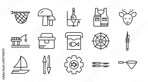 Hunting and fishing linear icon set. Wildlife, fishing rod, rifle, adventure, forest, nature, animals, gear, equipment, camping, forest, vector outline icon pack.