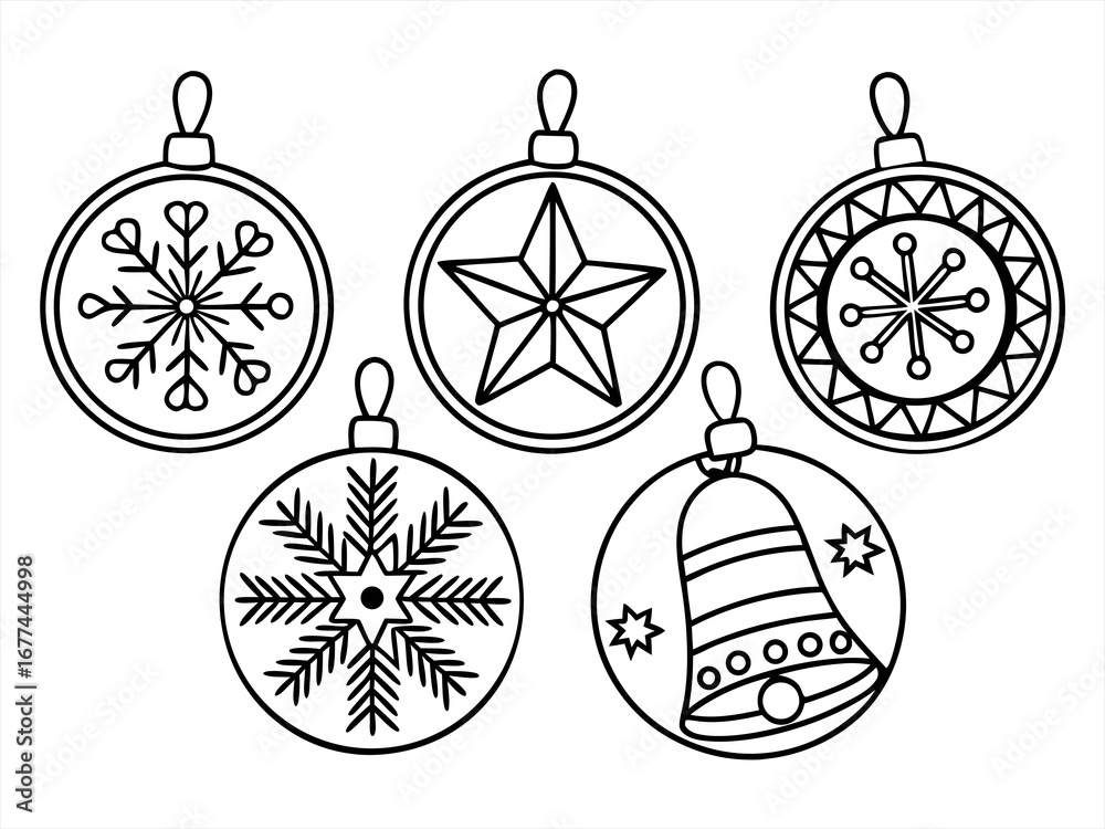 Fototapeta premium coloring page line art christmas ornaments icon set black vector bundle