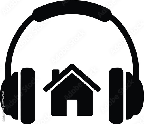 Vector art of headphones surrounding a house icon, representing home audio and entertainment
