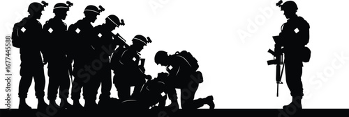 Silhouette of military soldiers assisting injured comrade while standing in formation with armed soldier observing on white background