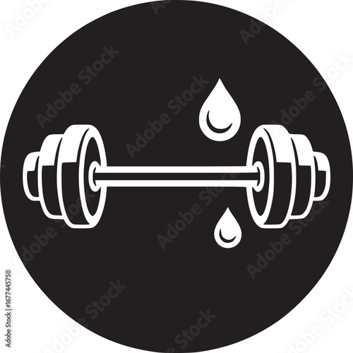 A white barbell with two water drops on a black circle against a white background illustration