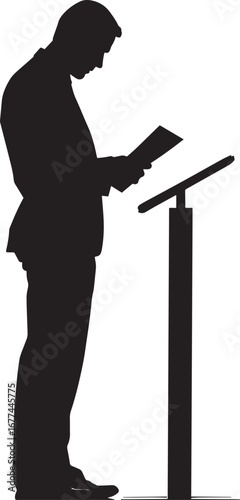 Checking Travel Documents Silhouette A business person holding a passport or travel documents at the check-in counter. full length silhouette black vector illustration