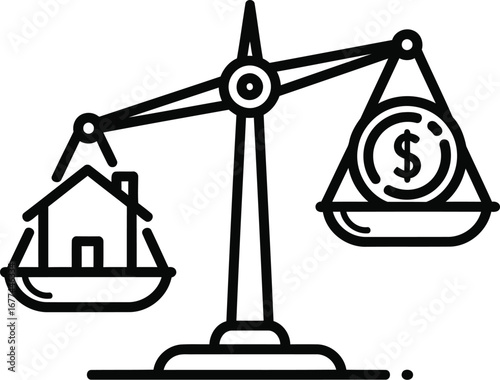 Illustration of a balance scale showing the comparison between a house and money