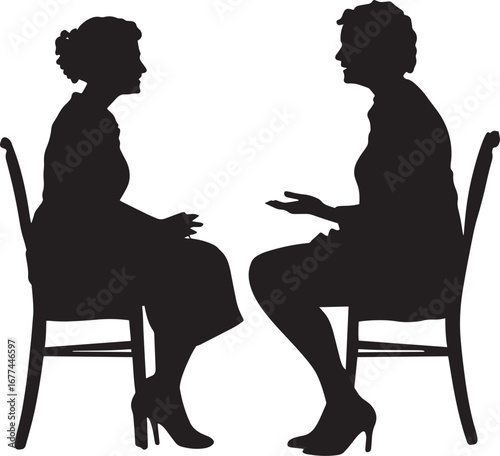 A senior woman engaged in a discussion with a family member, sitting or standing, depicted in a full-length black silhouette.