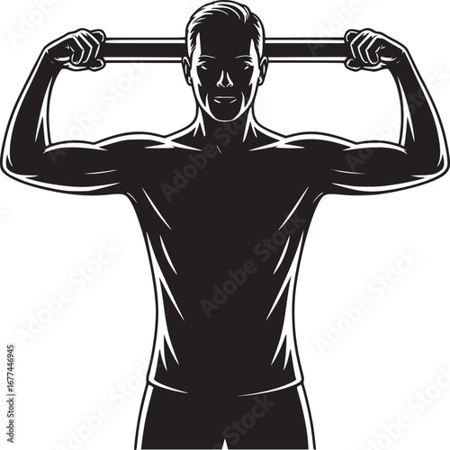 Man in silhouette holding resistance band behind head with arms raised in a black and white illustration