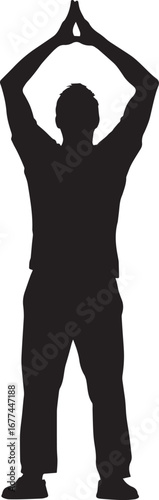 A senior man stretching his arms above his head, preparing for the day, depicted in a full-length black silhouette.