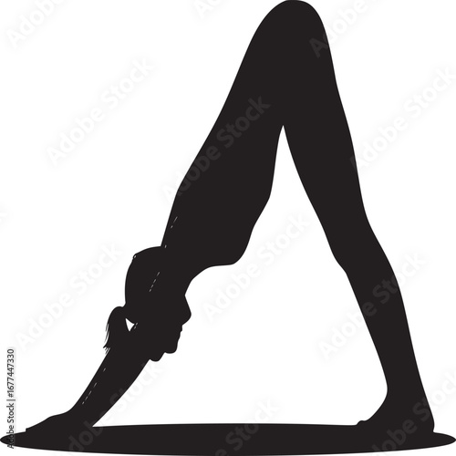 Silhouette of woman performing downward facing dog yoga pose on a white background illustration