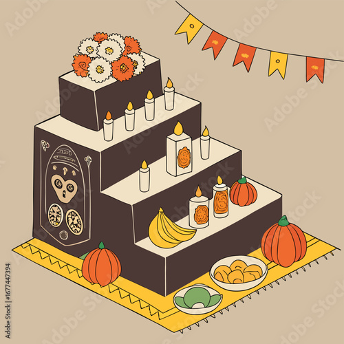 Illustrated Day of the Dead Ofrenda with marigolds candles pumpkins and fruit dia de los muertos altar