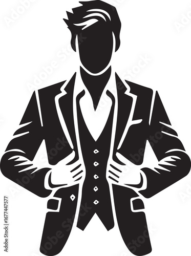 Stylish businessman adjusting his elegant suit jacket with confidence and flair