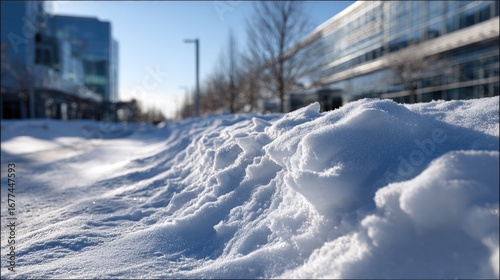 Wallpaper Mural A close-up view of a snowdrift alongside a city street, showcasing textured snow and modern buildings in the background. Torontodigital.ca