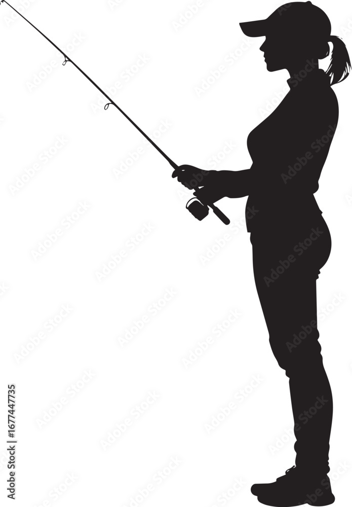 Obraz premium : A woman holding a fishing rod, line cast, depicted in a full-length black silhouette.