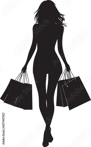 A woman walking with shopping bags in both hands, portrayed in a full-length black silhouette.