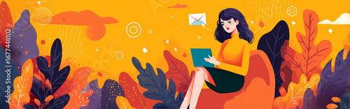 Vibrant illustration of a modern woman working remotely on her tablet amidst a lush, stylized natural environment, emphasizing digital connectivity and a balanced lifestyle