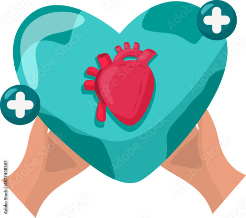 Vector illustration of World Heart Day with human heart and medical cross, conveying health care and awareness.
