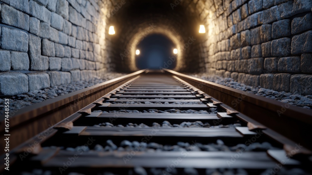 Obraz premium Railroad tracks leading into a shadowy tunnel, framed by stone walls and eerie ambient light