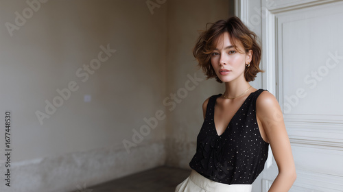 Elegant fashion portrait of a young woman with short wavy hair wearing a sleeveless black top and white high-waisted pants, posing indoors near a classic door with soft natural light