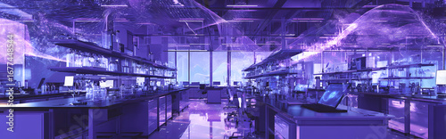 Modern Research Laboratory with Scientists Working at Advanced Scientific Equipment and Desks Under Blue Lighting